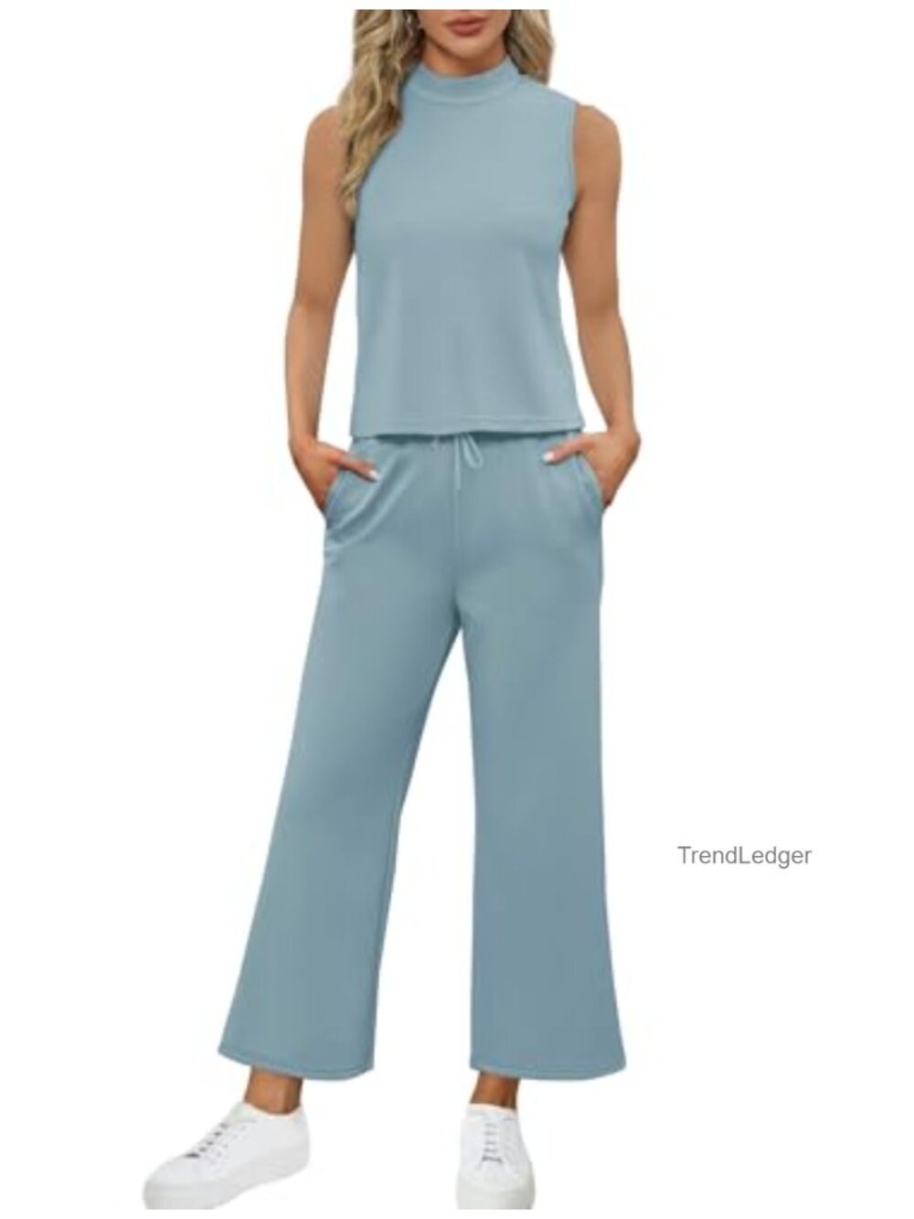 Two Piece Set Mock Neck Sleeveless Top Wide Leg Crop Pants Vacation